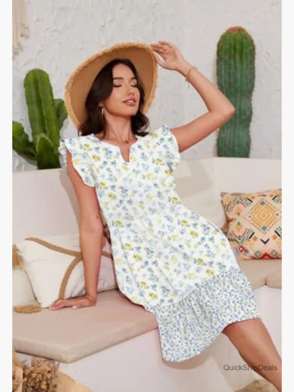 Ruffle Sleeve Layered Dress with Pockets Elastic Waist V Neck - Picture 5 of 5